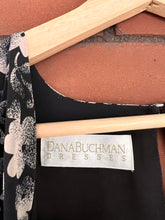 Load image into Gallery viewer, Vintage 90's Black & Grey Floral Silk Midi Dress (L-XL)