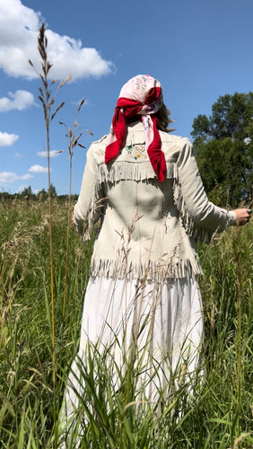 (RARE) 1950's Chris Line Original Ivory Buckskin Leather Fringe Beaded Jacket (XS)