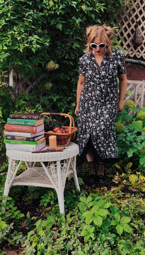 Vintage 90's Black & Grey Floral Silk Midi Dress (L-XL)