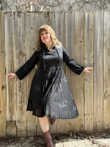 Vintage 70's Black Floral Pleated Skirt Midi Dress (L)