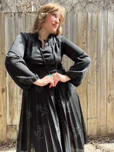 Vintage 70's Black Floral Pleated Skirt Midi Dress (L)