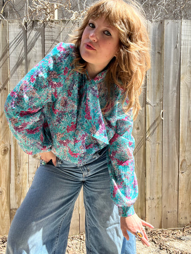 Vintage 80's Teal Floral Puffed Sleeve Pussy Bow Blouse (XL)