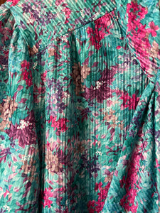 Vintage 80's Teal Floral Puffed Sleeve Pussy Bow Blouse (XL)