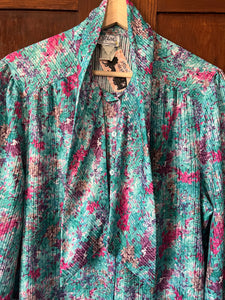 Vintage 80's Teal Floral Puffed Sleeve Pussy Bow Blouse (XL)