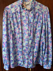 Vintage 80's Lilac Floral Removable Pussy Bow Tie Blouse (L-XL)