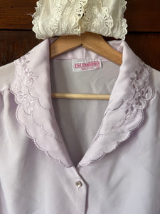 Vintage 80's Pastel Lilac Embroidered Collar Blouse (Large-XL)