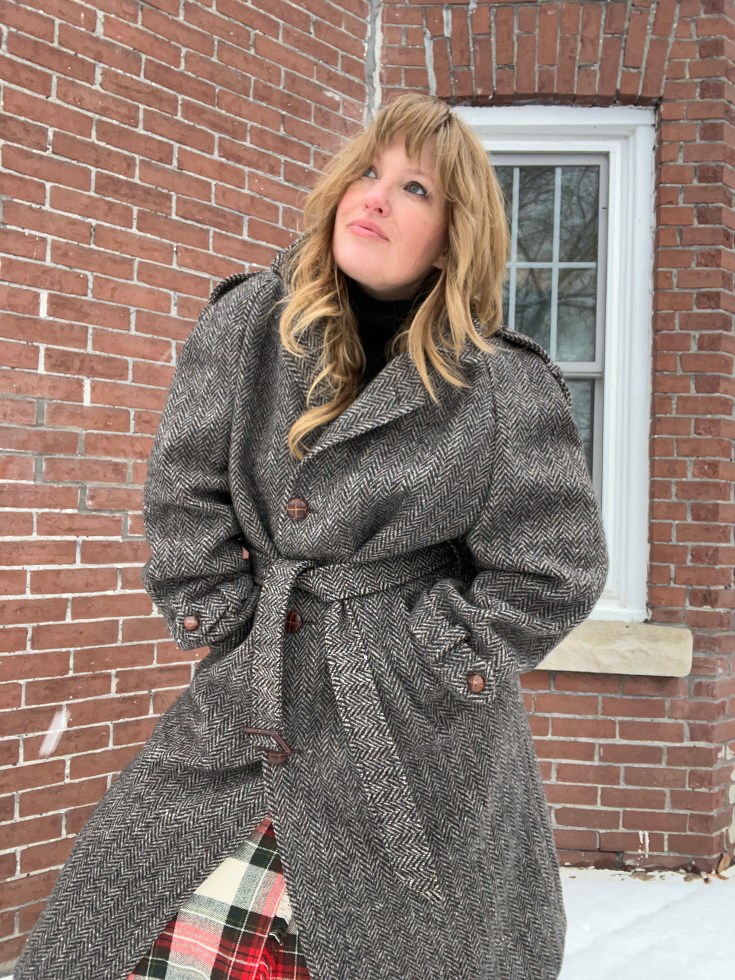 Vintage 80's Wool Herringbone Tweed Trench Overcoat (