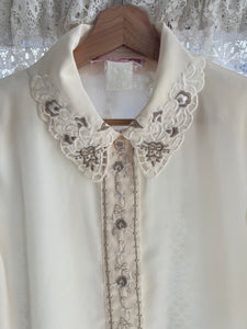 Vintage 80's Taupe & Cream Embroidered Blouse (M)