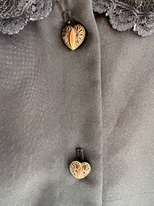 Vintage 80's Black Lace Collar Heart Button Blouse (XL)