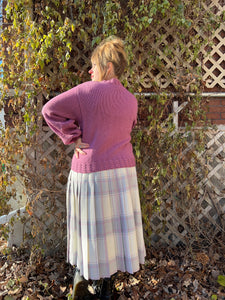 Vintage 80's Wool Plaid (Grey/Cream/Mauve) Pleated Skirt (XL)