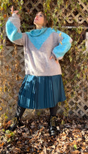 Load image into Gallery viewer, Vintage 80&#39;s Dove Grey &amp; Teal Acrylic Hand Knit Sweater (2XL)