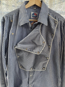 Vintage 70's Blue & White Gingham Western Pearl Snap Shirt With Bib ("men's" L)