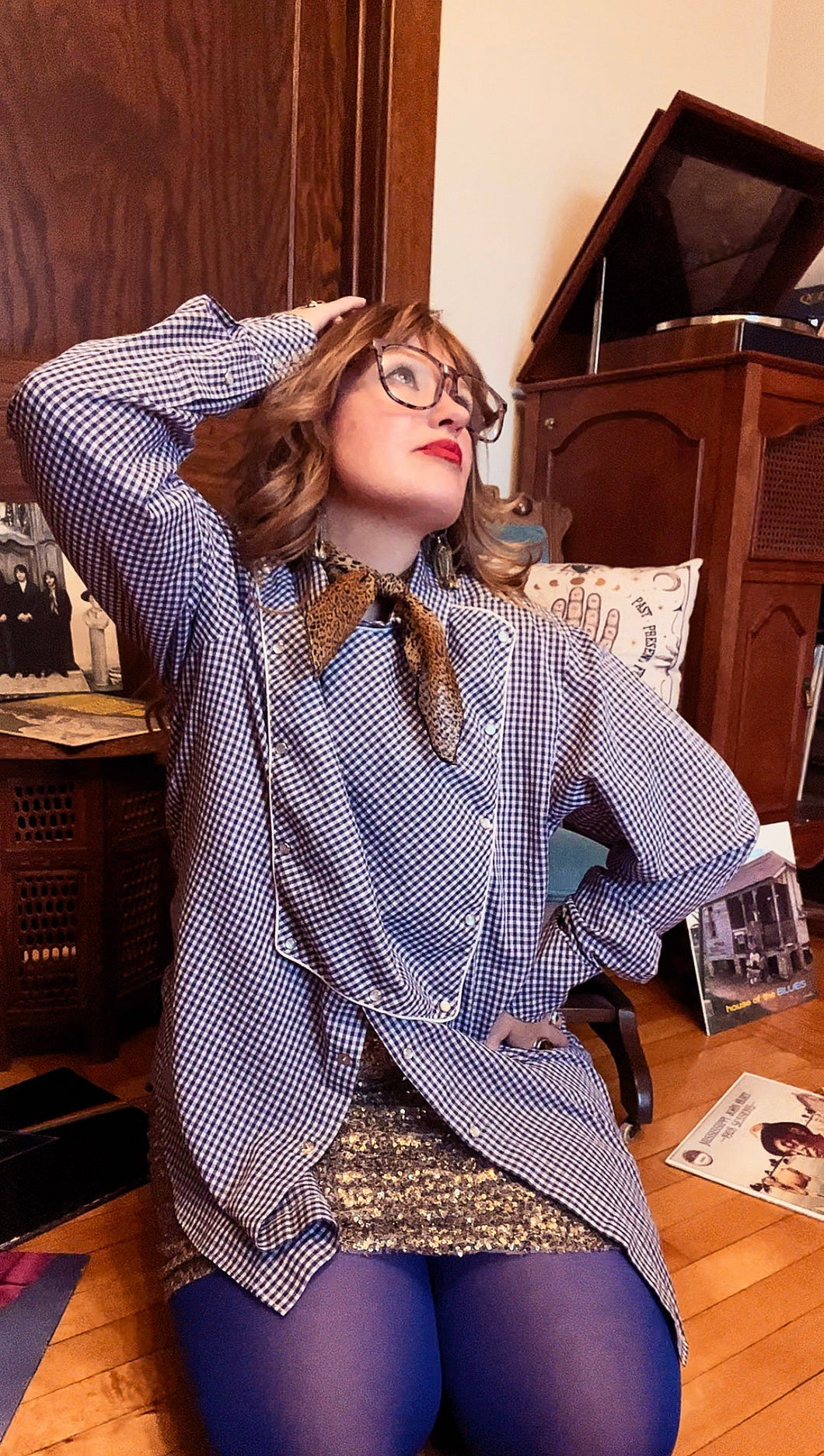 Vintage 70's Blue & White Gingham Western Pearl Snap Shirt With Bib (