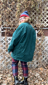 Vintage 90's Green Denim Chore Coat with Red & Green Plaid Liner ("men's" Small)