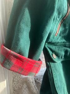 Vintage 90's Green Denim Chore Coat with Red & Green Plaid Liner ("men's" Small)