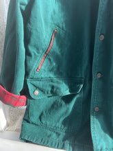 Load image into Gallery viewer, Vintage 90&#39;s Green Denim Chore Coat with Red &amp; Green Plaid Liner (&quot;men&#39;s&quot; Small)