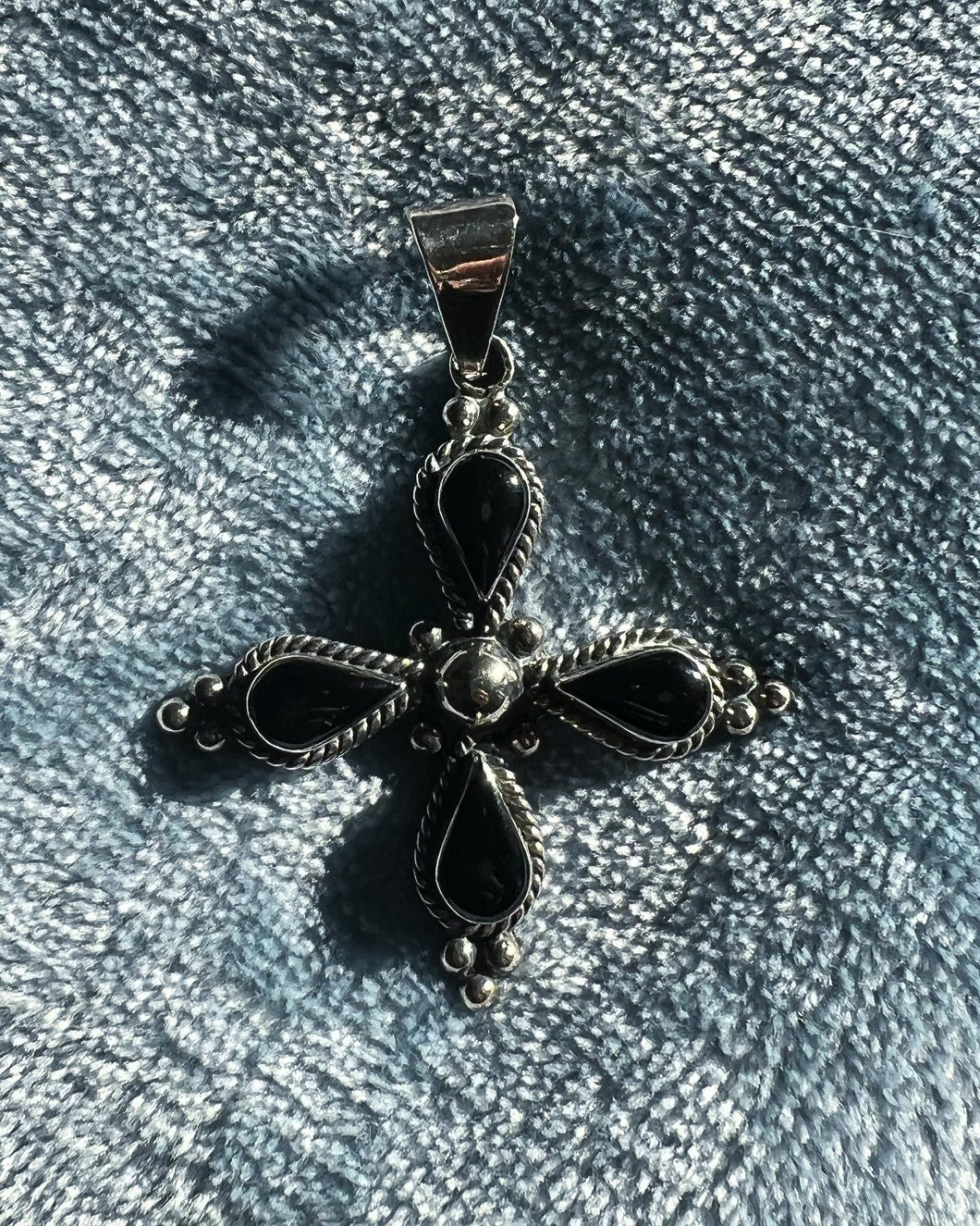 Vintage 90's Black Onyx and Sterling Silver Cross Pendant