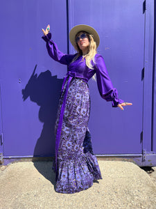 Vintage 70's Purple Empire Waist Puffed Sleeve Maxi Dress