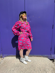 Vintage 80's Hot Pink, Poet Sleeved Floral Tunic Dress