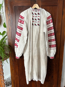RARE! 1930's Homespun Hemp Linen Red Embroidered Slavic Folk Dress (Vyshyvanka)