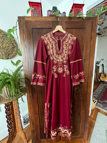 Vintage 70's Wine Red, Embroidered Kaftan Dress