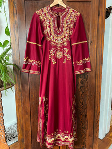 Vintage 70's Wine Red, Embroidered Kaftan Dress