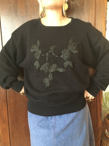 Vintage 80's Black Sweater With Black Floral Beaded Appliqué