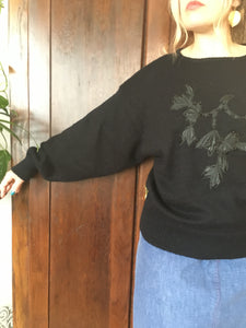 Vintage 80's Black Sweater With Black Floral Beaded Appliqué