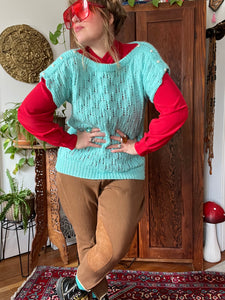 Vintage 80's Mint Knit Short Sleeved Sweater (Large)
