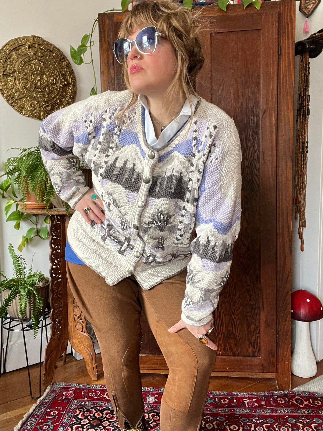 Vintage 90's Hand Knit Nordic Style Cardigan Sweater (Large)