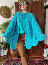 Load image into Gallery viewer, Vintage 70&#39;s Teal Crochet Cape With Ribbon Tie