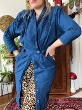 Load image into Gallery viewer, Vintage 80&#39;s Indigo Blue Cotton Batwing Button Front Wiggle Dress (Medium)
