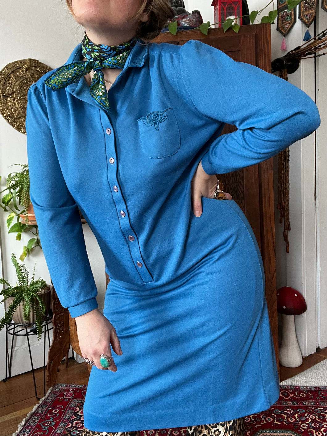 Vintage 70's Sky Blue Mid-Length Tunic Dress (Large)