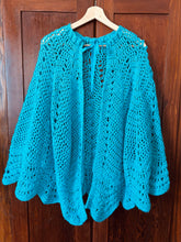 Load image into Gallery viewer, Vintage 70&#39;s Teal Crochet Cape With Ribbon Tie