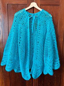 Vintage 70's Teal Crochet Cape With Ribbon Tie