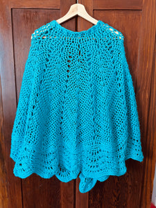 Vintage 70's Teal Crochet Cape With Ribbon Tie