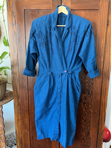 Vintage 80's Indigo Blue Cotton Batwing Button Front Wiggle Dress (Medium)