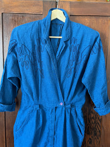 Vintage 80's Indigo Blue Cotton Batwing Button Front Wiggle Dress (Medium)
