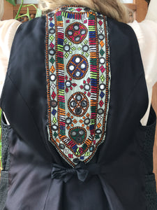 Up-Cycled One-of-a-Kind Black Leather Vintage Banjara Textile Waistcoat