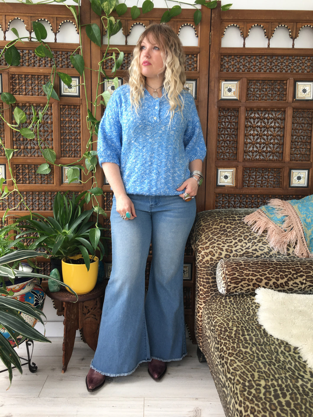 Vintage 80's Hand Knit Sky Blue Short Sleeve Sweater (XL)