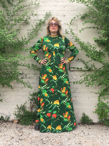 Vintage 70's Medieval Revival Green Floral Print Maxi Dress