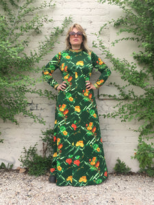 Vintage 70's Medieval Revival Green Floral Print Maxi Dress