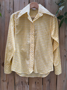 Vintage 70's Yellow Gingham Disco Collar Cotton Button Up Shirt