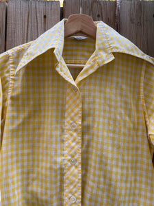 Vintage 70's Yellow Gingham Disco Collar Cotton Button Up Shirt