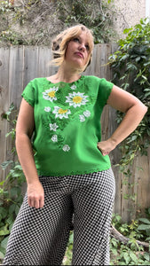 Vintage 80's Green Embroidered & Cutout Floral Top