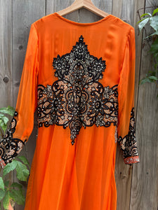 Vintage 90's Orange Silk, Embroidered Caftan Duster