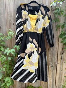 Vintage 80's Black, White & Squash Blossom Yellow Dress