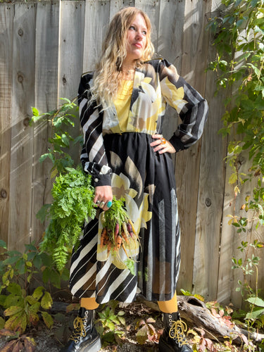 Vintage 80's Black, White & Squash Blossom Yellow Dress