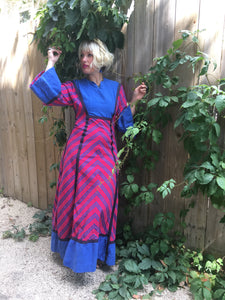 Vintage 70's Magenta and Azure Peasant Style Maxi Dress (S-M)