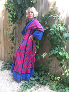 Vintage 70's Magenta and Azure Peasant Style Maxi Dress (S-M)